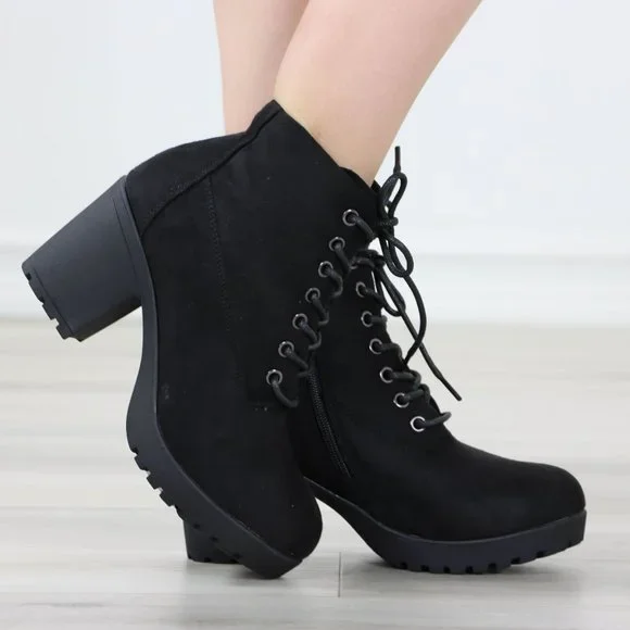 Black Suede Ankle Chunky Block Lug High Heel Boots Lace-Up - Picture 1 of 13